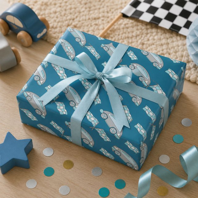 Racing Car Flag Blue Kids Pattern Wrapping Paper (Creator Uploaded)