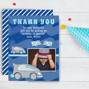 Racing Car Flag Blue Photo Birthday Thank You Card