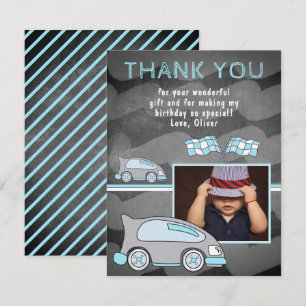 Racing Car Flag Chalkboard Photo Birthday Thank You Card