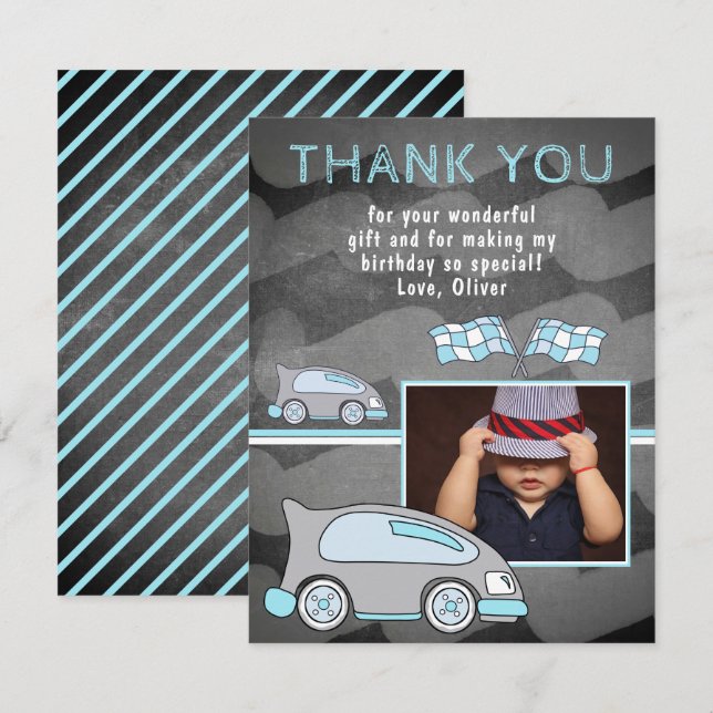 Racing Car Flag Chalkboard Photo Birthday Thank You Card (Front/Back)