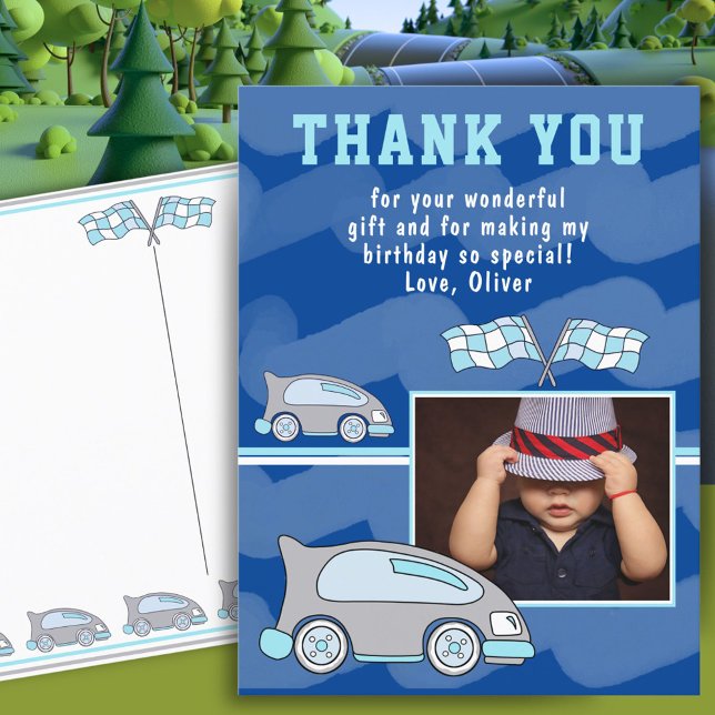 Racing Car Flag Photo Birthday Thank you   Postcard (Creator Uploaded)