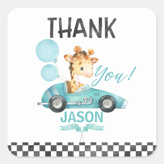 Racing Car Giraffe Birthday Thank You Square Sticker (Front)