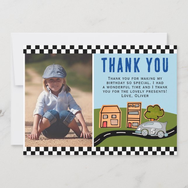 Racing Car on Road Boy Photo Birthday  Thank You Card (Front)