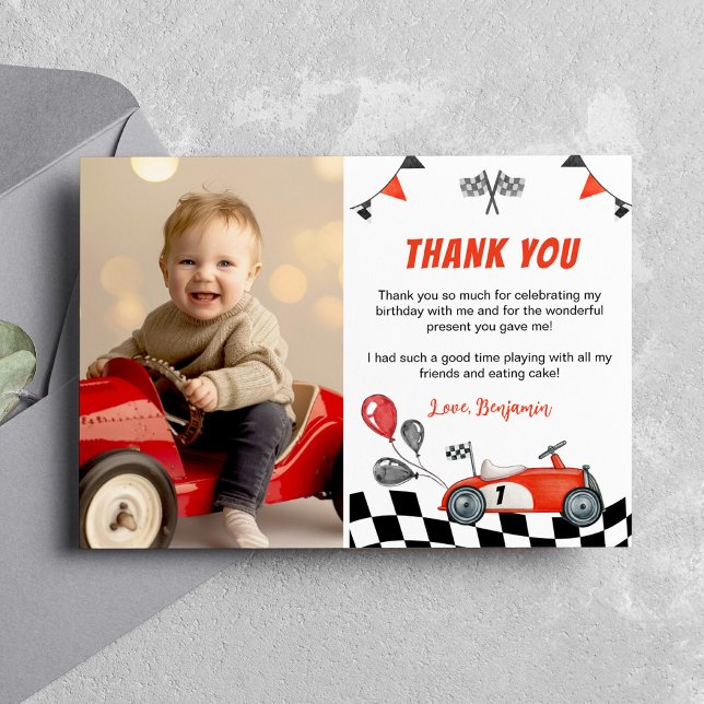 Racing Car Party Birthday Photo Thank You Card (Creator Uploaded)