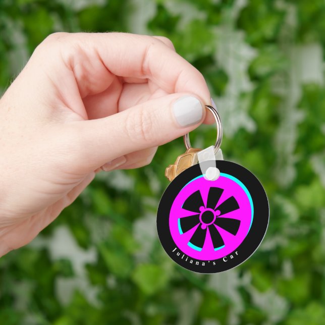 Racing Car Rim Neon Pink Black Key Ring (Hand)