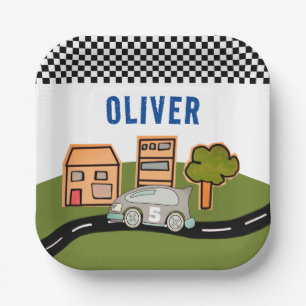 Racing Car Road House Custom Name Birthday Paper Plate