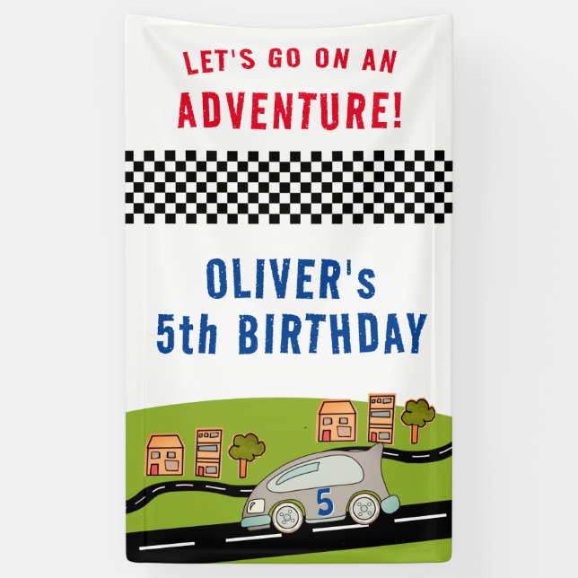 Racing Car Road Houses Boy Birthday  Banner (Vertical)