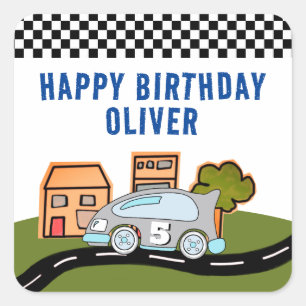 Racing Car Road Houses Name Happy Birthday Square Sticker