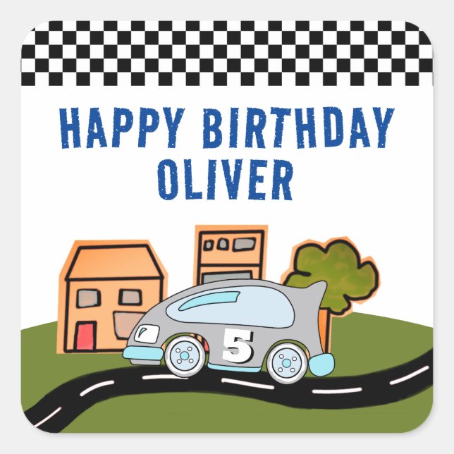 Racing Car Road Houses Name Happy Birthday Square Sticker (Front)