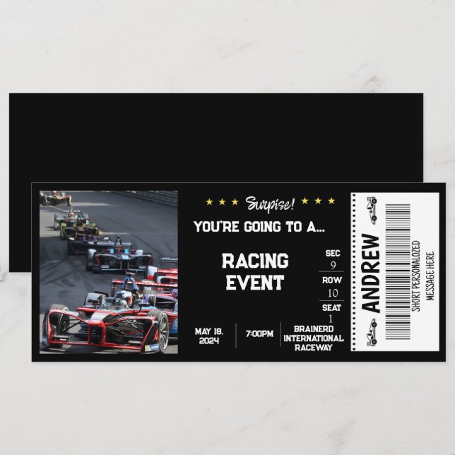 RACING CAR SURPRISE  GIFT TICKET INVITATION (Front/Back)