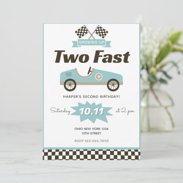 Racing Car Two Fast Birthday Invitation (Standing Front)
