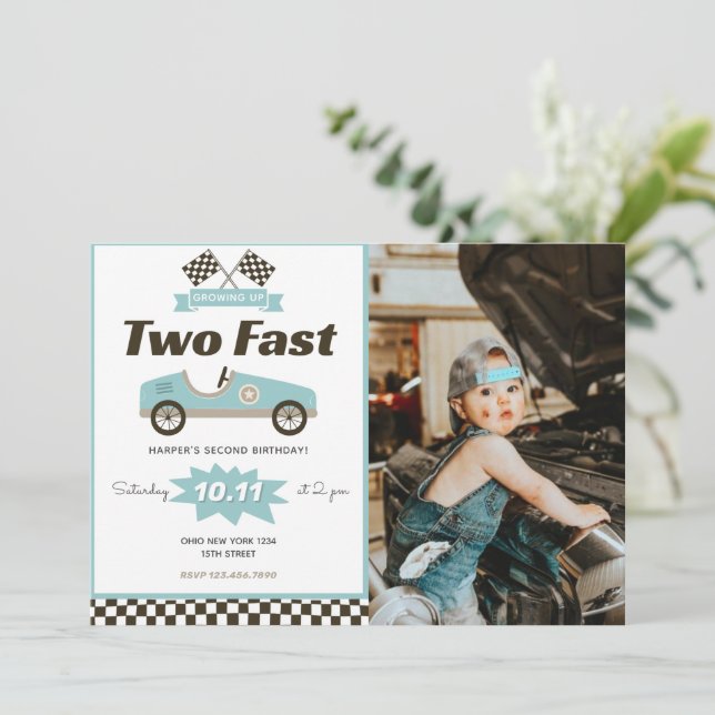 Racing Car Two Fast Birthday Invitation With Photo (Standing Front)