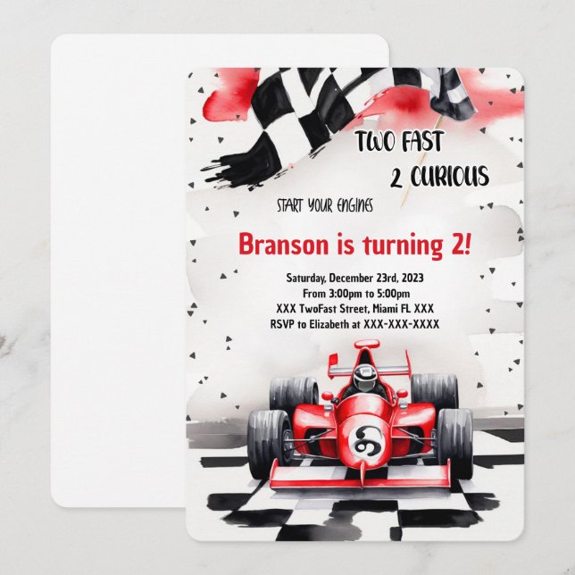 Racing Car, Two Fast  Invitation (Front/Back)