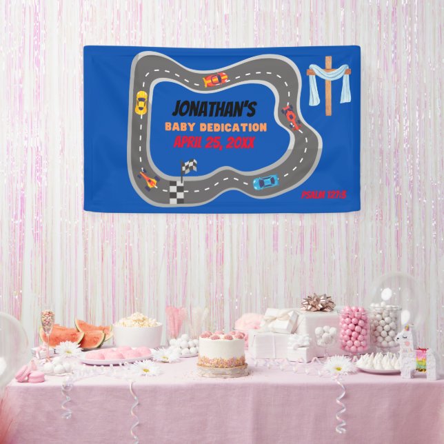 Racing Cars Racetrack Baby Boy Dedication Banner (Party)