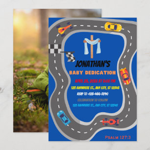 Racing Cars Racetrack Baby Boy Dedication Photo Invitation