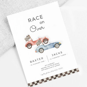Racing Cars Sibling Blue Red 4th Birthday Invitation