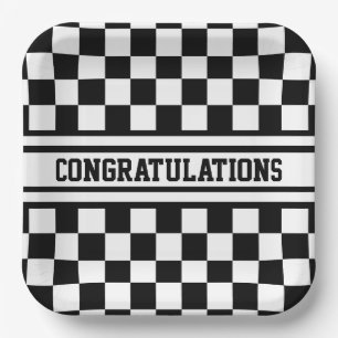 Racing Checkered Winners Flag Black and White Paper Plate