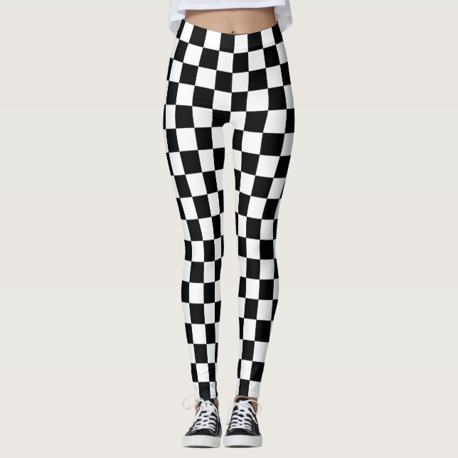 Racing Chequered Flag Black White Chequered Patter Leggings (Front)