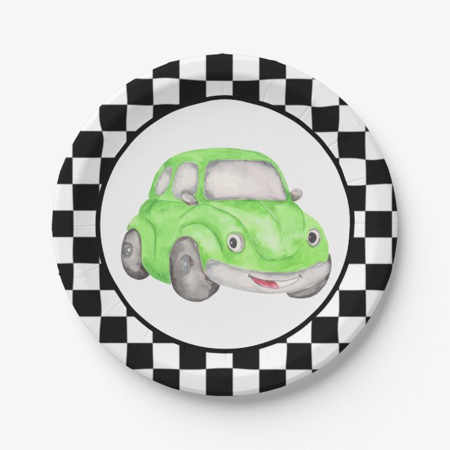 Racing Chequered Flag Green Watercolor Car Paper Plate (Front)