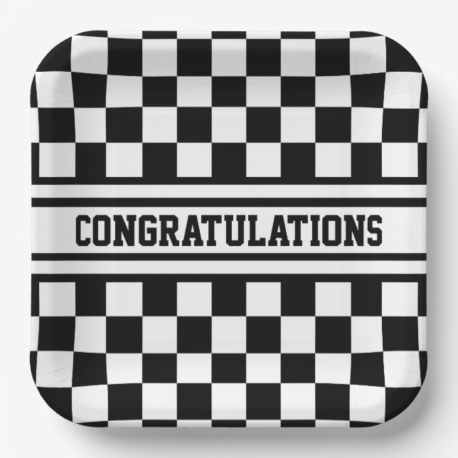 Racing Chequered Winners Flag Black and White Paper Plate (Front)