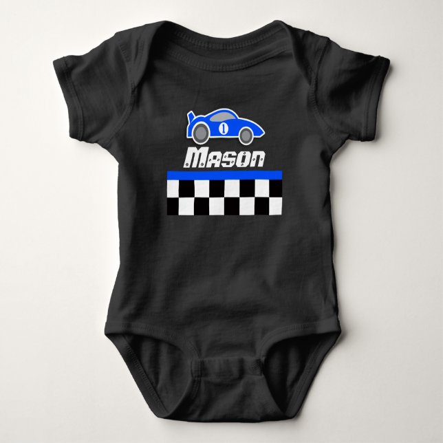 Racing driver blue car custom name baby boy romper bodysuit (Front)