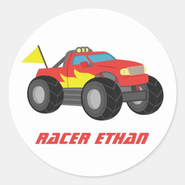 Racing Fiery Red Monster Truck, for Boys Classic Round Sticker (Front)