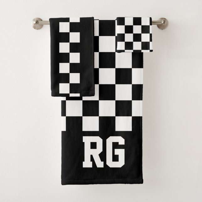 Racing Flag Black White Chequered Personalised Bath Towel Set (Insitu)