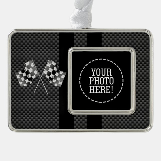 Racing Flags Design on Stripes Carbon Fibre Style Silver Plated Framed Ornament (Front)