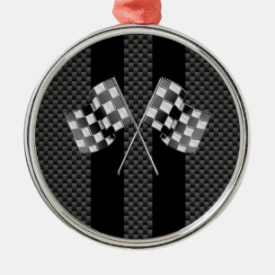 Racing Flags on Black Stripes Carbon Fibre Style Metal Tree Decoration