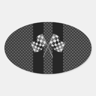 Racing Flags on Black Stripes Carbon Fibre Style Oval Sticker