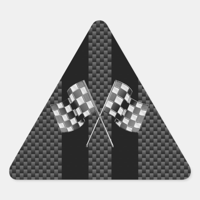 Racing Flags on Black Stripes Carbon Fibre Style Triangle Sticker (Front)