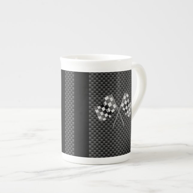 Racing Flags on Stripes Carbon Fibre Like Style Bone China Mug (Front Right)