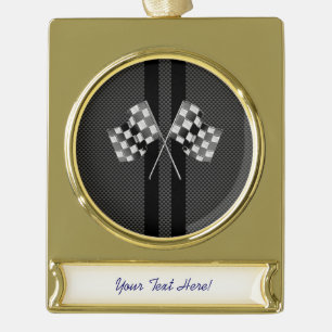 Racing Flags Stripes in Carbon Fibre Style Decor Gold Plated Banner Ornament