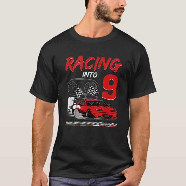 Racing into 9 Year Old Birthday Race Car 9th Boy P T-Shirt (Front)