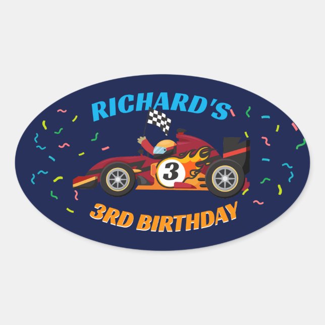 Racing Kid's Birthday Race Car Theme Oval Sticker (Front)