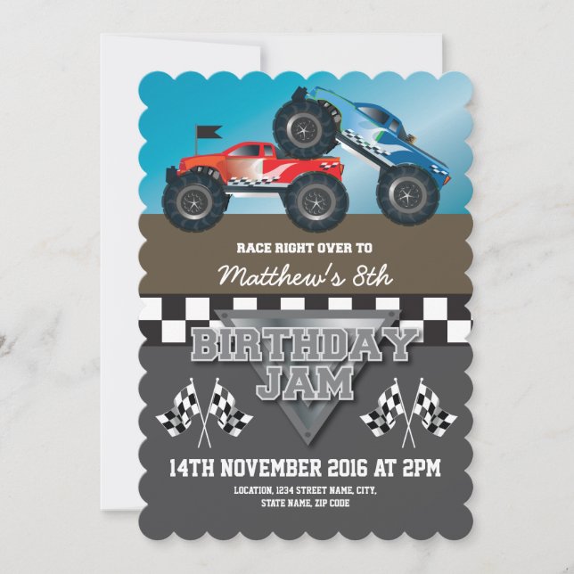 Racing Monster Jam Trucks Personalized Birthday Invitation (Front)