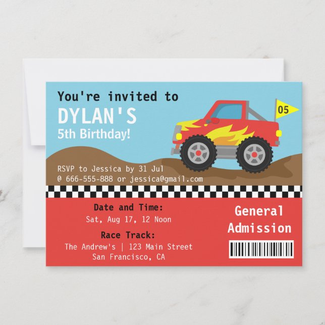 Racing Monster Truck Party, Boys Admission Ticket Invitation (Front)