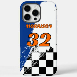 Racing Name Number Blue Orange Black and White iPhone 16 Pro Max Case