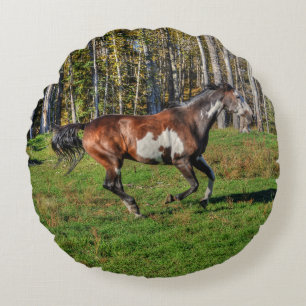 Racing Pinto Paint Stallion on a Horse Ranch Round Cushion