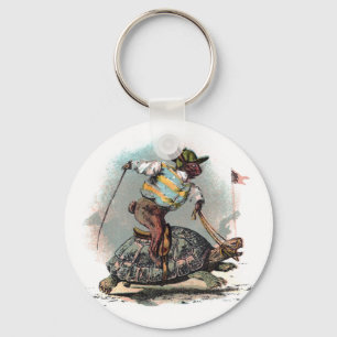 Racing Rabbit Riding Tortoise Key Ring