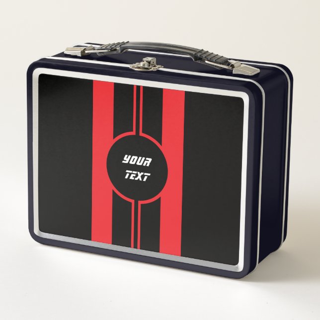 Racing Red Double Stripes Sports Custom Metal Lunch Box (Front)