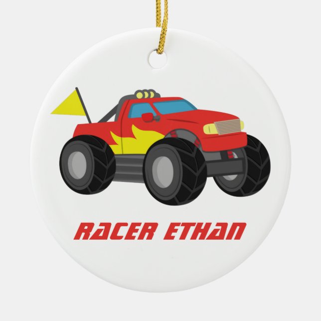 Racing Red Monster Truck, for Boys Room Ceramic Tree Decoration (Front)