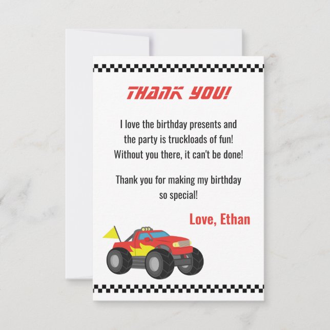 Racing Red Monster Truck, for Racer Boys Stationer Thank You Card (Front)