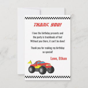Racing Red Monster Truck, for Racer Boys Stationer Thank You Card