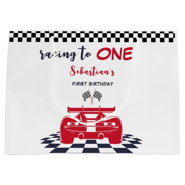 Racing to one first kids birthday large gift bag (Front)