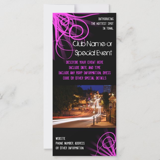 Rack Card Printing, Pink Night Club or Party Theme (Front)