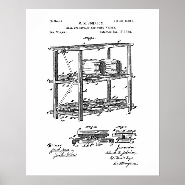 Rack for storing and aging whisky patent poster (Front)