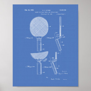 Racket Table Tennis 1939 Patent Art - Blueprint Poster