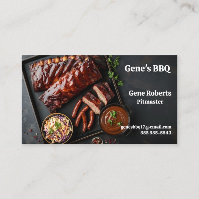 Racks of barbecued ribs with hot links business card (Front)