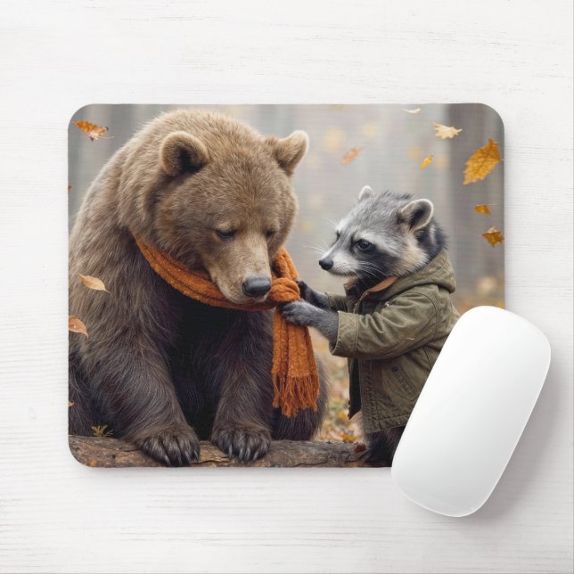 Racoon and Bear In Autumn Forest Mouse Mat (With Mouse)